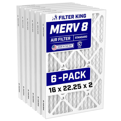 Filter King 16x22.25x2 Air Filter (MERV 8) (6-Pack) Dust & Allergy Control AC Furnace Filters, MADE IN USA, HVAC, Pleated, Electrostatic (Actual Size: 16 x 22.25 x 1.75)