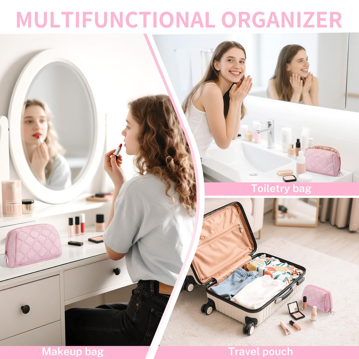 senbowe Small Makeup Bag,Travel Cosmetic Bag, Pink Puffy Padded Make Up Bag for Women, Wide-open Cute Makeup Bag Pouch Purse, Quilted Toiletry Makeup Organizer Bag with PVC Pockets,Travel Essentials