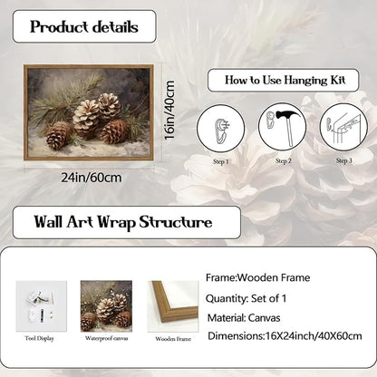 Framed Vintage Christmas Canvas Wall Art, Pine Cones Wall Decor Paintings, Winter Holiday Aesthetic Pictures Prints Rustic Home Decor for Living Room Bedroom Farmhouse 16×24 inch