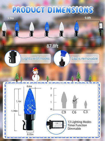 240 LED 78FT C6 Christmas String Lights, Super Long Christmas Lights Outdoor Indoor with 13 Modes & Timer, Waterproof Fairy Twinkle Light Plug in for Tree Garden Party Xmas Decorations (White & Blue)