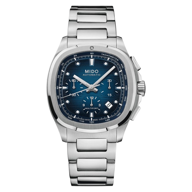 MIDO Multifort TV Chronograph - Swiss Automatic Watch for Men - Blue Dial- 41.2 x 42mm Stainless Steel Case and Bracelet with Additional Blue Fabric Strap - M0495271104100