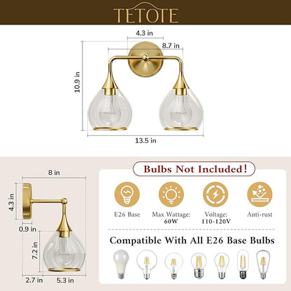 TETOTE 2-Light Modern Bathroom Light Fixtures, 2 Light Vanity Lights Over Mirror Gold Wall Lamp with Clear Glass for Bathroom, Mirror, Living Room, Bedroom, Hallway