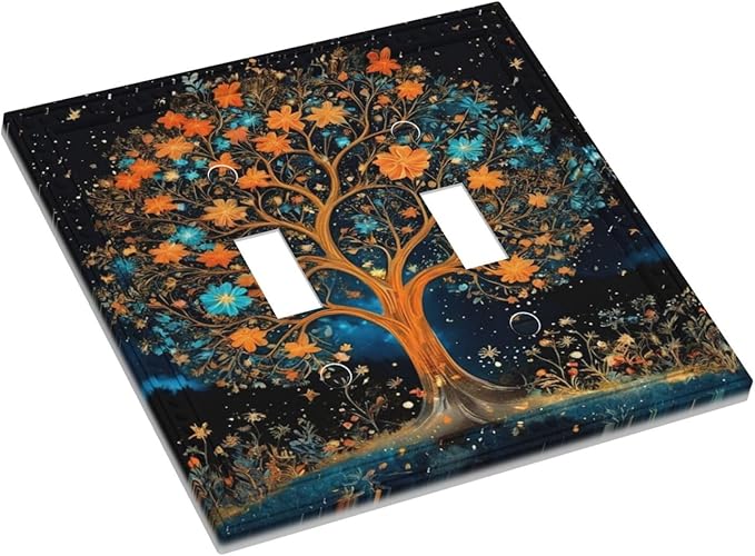 Magical Life Tree in Night Sky Light Switch Covers Double Toggle 2 Gang Wall Plate Dual Decorative Switchplate Electrical Faceplate for Farmhouse Living Room Decor