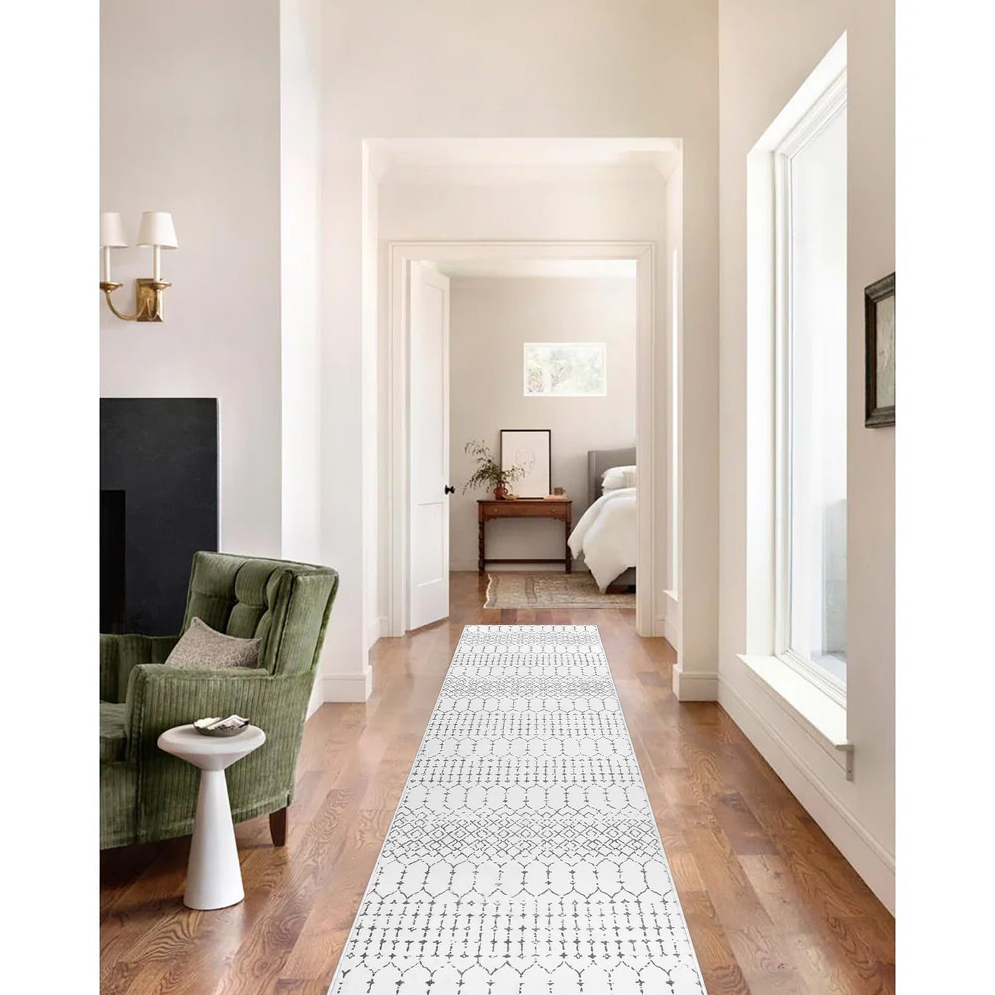 Lahome Moroccan Kitchen Runner Rug - 2x8 Non-Slip Washable Hallway Rug Runner Ultra-Thin Soft Throw Bathroom White Print Distressed Carpet for Entryway Laundry Room Living Room Hana