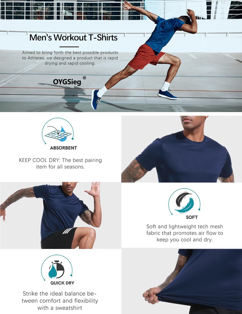 OYGSieg 5 Pack Mens Workout Shirts Quick Dry Short Sleeve Athletic Crew Neck T-Shirts for Running Gym Training Fitness 5B XL