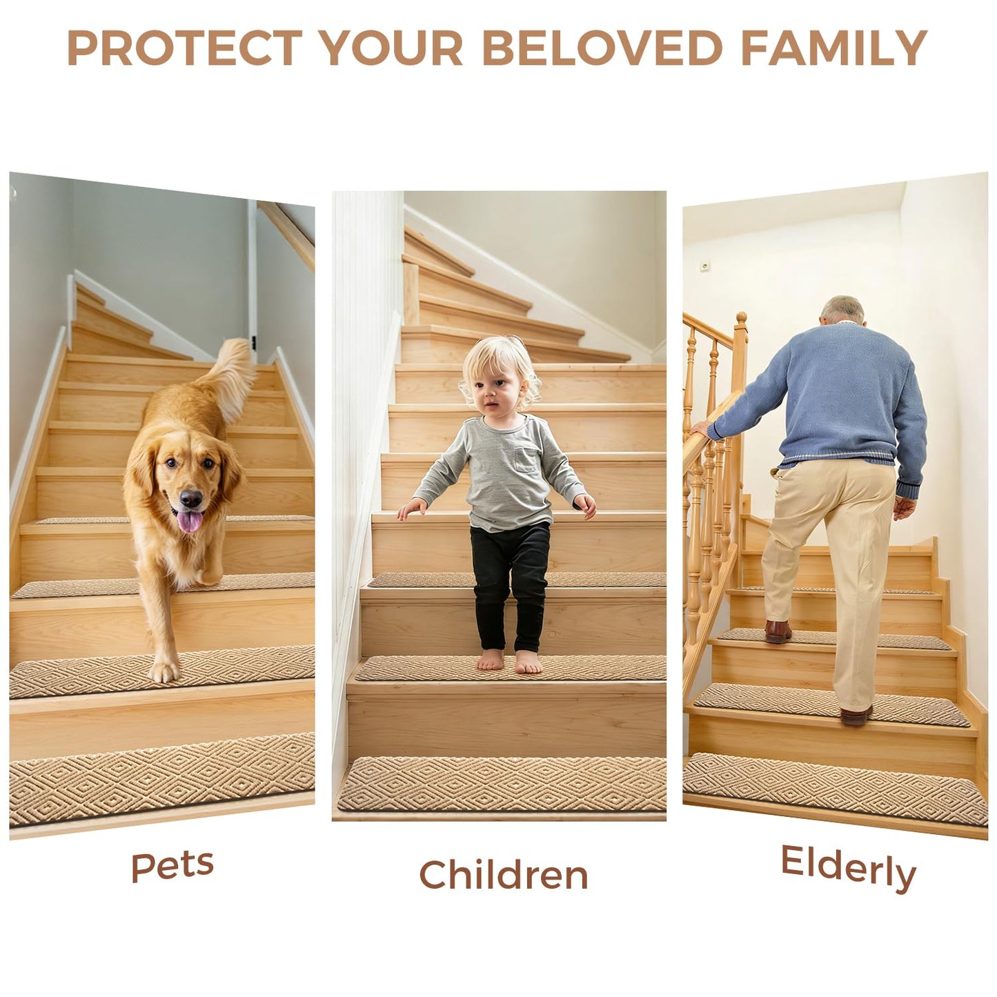 BAGAIL 15 Pack Non-Slip Stair Treads for Wooden Steps, 8"x30" Peel and Stick Carpet Stair Runners, Machine Washable Indoor Step Covers with No-Residue Adhesive for Dogs, Kids & Elderly - Beige