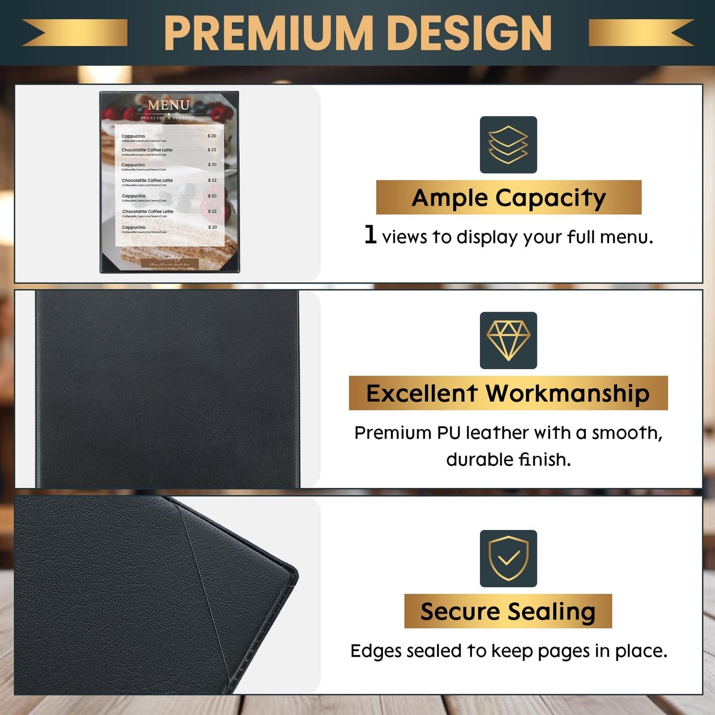AMGSH 1 View 8.5" x 11" Menu Holder Menu Covers | Black Leather Menu Sleeves Book Style for Restaurant Coffee Bars Wine List Fit for Letter Size 8.5" x 11" Certificate Holer Diploma Holder