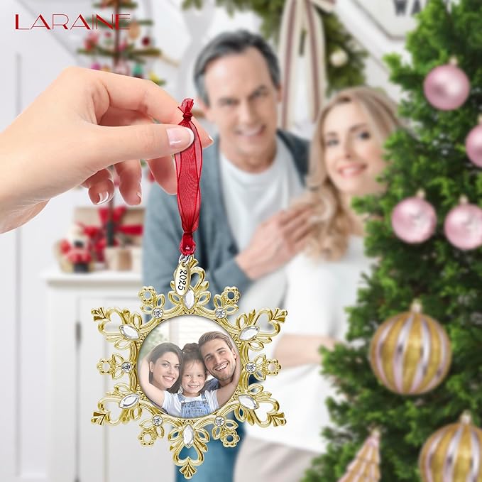 Laraine Christmas Tree Ornaments – Decorative Hanging 2025 Holiday Keepsake Gift Snowflake Pendant with 2” Photo Frame Insert for Picture of Pet (Snowflake Gold (2025))