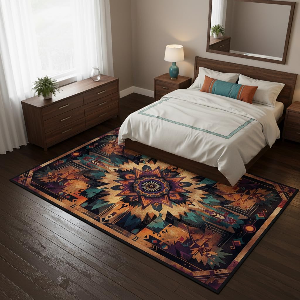 Southwestern Aztec Area Rug 3'x5' – Tribal Geometric Pattern Carpet for Living Room, Rustic Washable Boho Accent Decor, Native Inspired Non-Slip Floor Mat for Bedroom, Living Room, Cabin Lodge