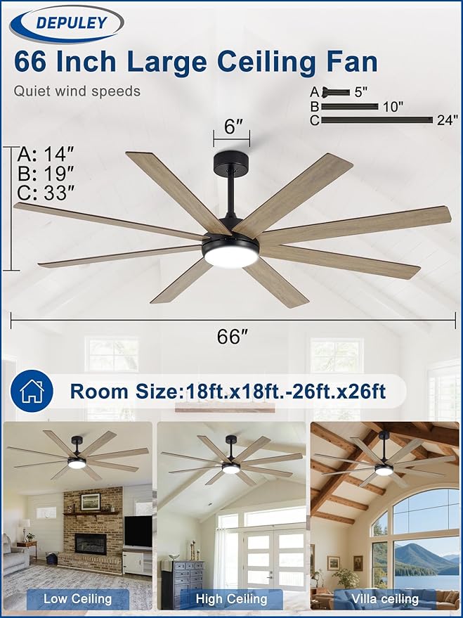 Depuley 66" Ceiling Fans with Lights: Large Indoor/Outdoor Ceiling Fan for Patios Living Room - 8 Blades Wooden Dimmable Ceiling Fans with Remote APP Control Timer Reversible Quiet DC Motor 6 Speeds