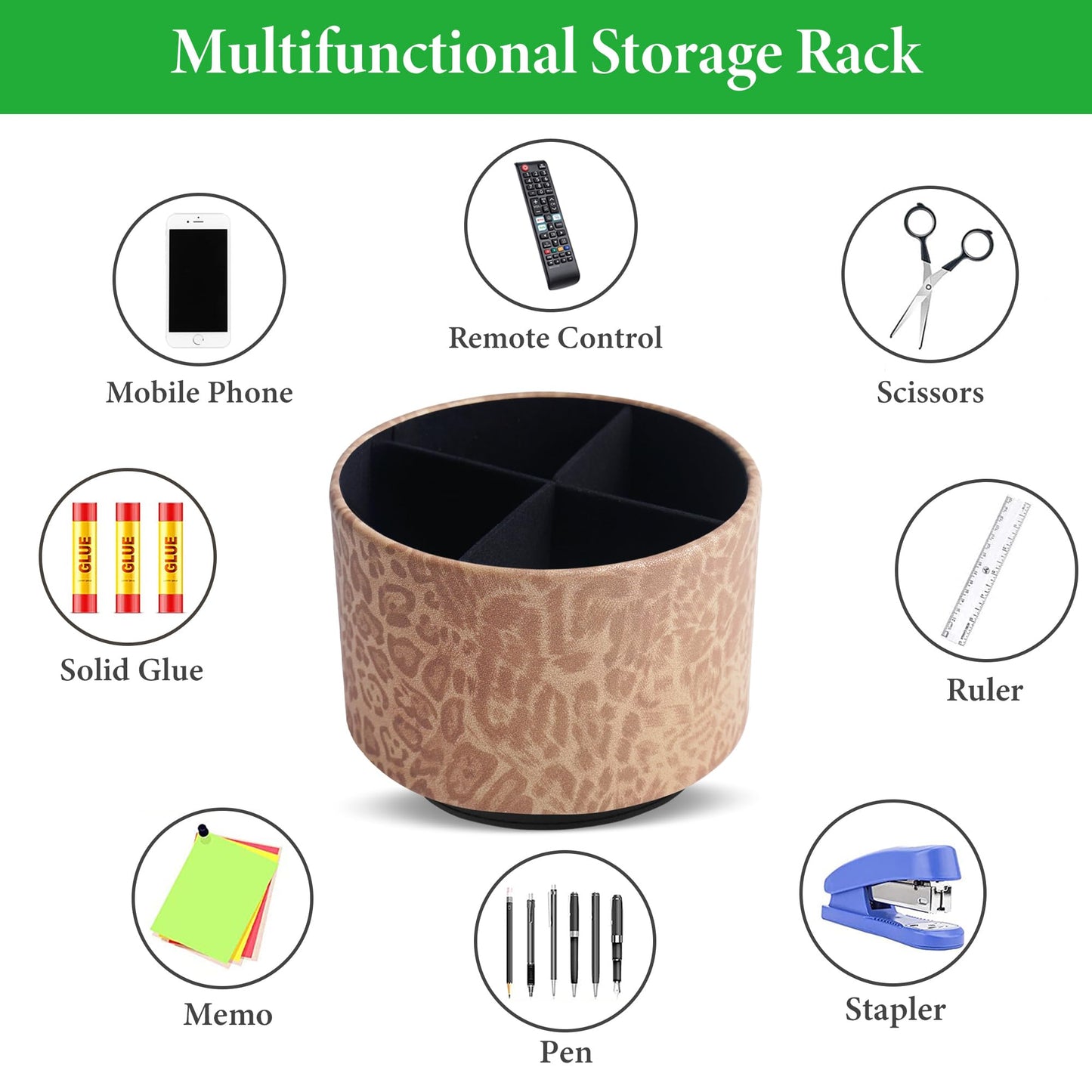 QIELIZI Round Leather Art Supply Organizer,Remote Control Holder,360 Degree Rotating,Multi-Functional Pencil Holder,4 Compartments Desktop Stationary Organizer(1-Leopard Brown)
