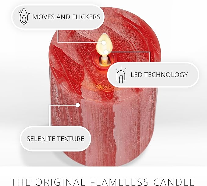 Luminara Selenite Looking Flameless Candle, Holiday Red 3" x 4.5", Battery Operated Real Wax Moving Flame LED Pillar w/Timer, Home Decor Unscented
