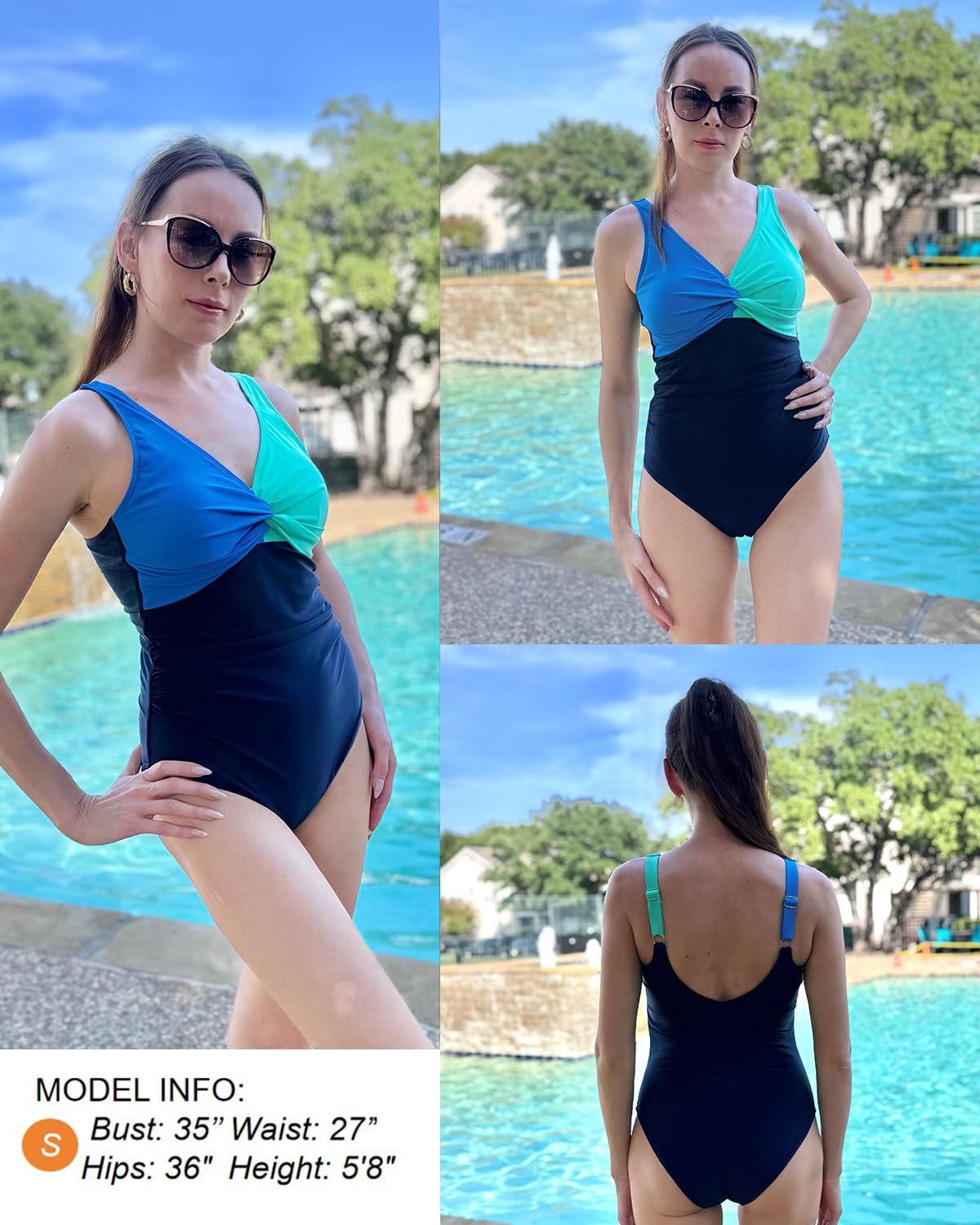 Holipick Blue Green Block Women Tummy Control One Piece Swimsuit - Push Up Bathing Suit Full Coverage Slimming Swimwear XL