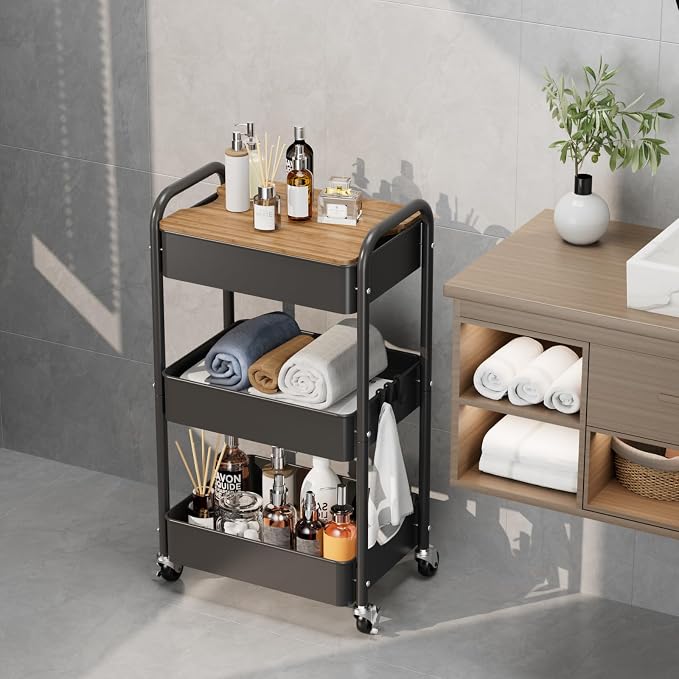 3 Tier Rolling Cart with Table top, Metal Utility Cart, Sturdy Storage Organizer Cart with Locking Wheels & Hooks for Office, Classroom, Kitchen and Bathroom