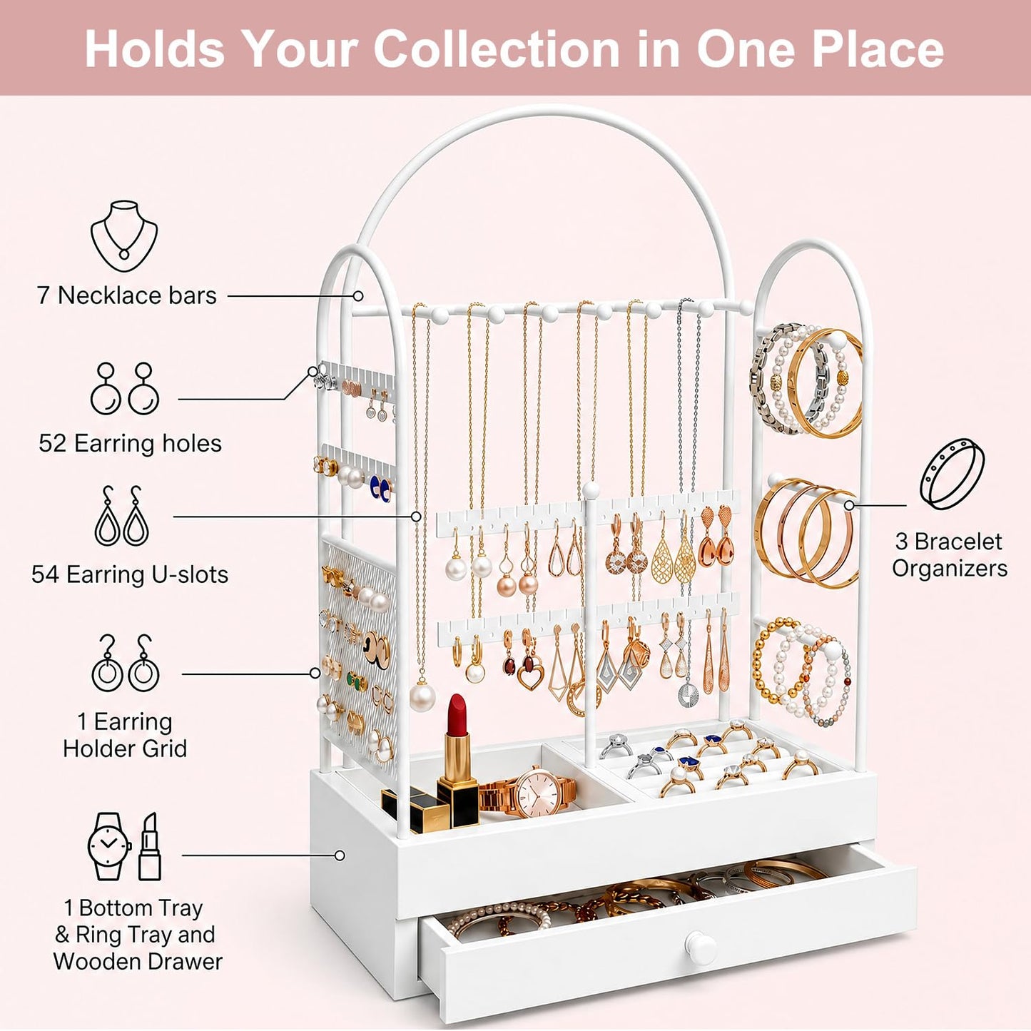 TerraKit White Vanity Jewelry Organizer Stand with Drawer, Earring Holder and Necklace Bracelet Organizer, Metal & Wood Jewelry Display Stand for Earrings, Rings, Bracelets, Dresser & Bedroom