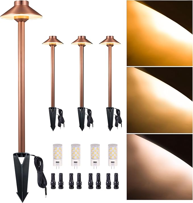 Gardenreet Outdoor Brass Pathway Lights, Warm & Neutral White Adjustable Low Voltage Landscape Path Lighting, 12v Walkway Light LED Waterproof, Copper for Outside Garden Yard with G4 Bulb (4 Pack)