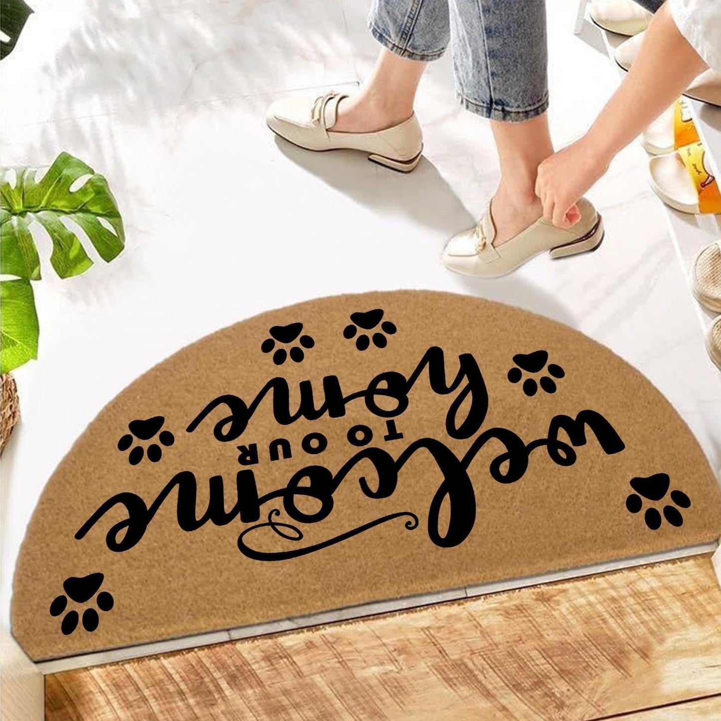 Funny Half Round Front Door Mat - Heavy Duty Outdoor Entryway Welcome Mat for Porch - Brown House Warming Gift 29.5 x 17 inch (Welcome to Our Home Dog Paws)