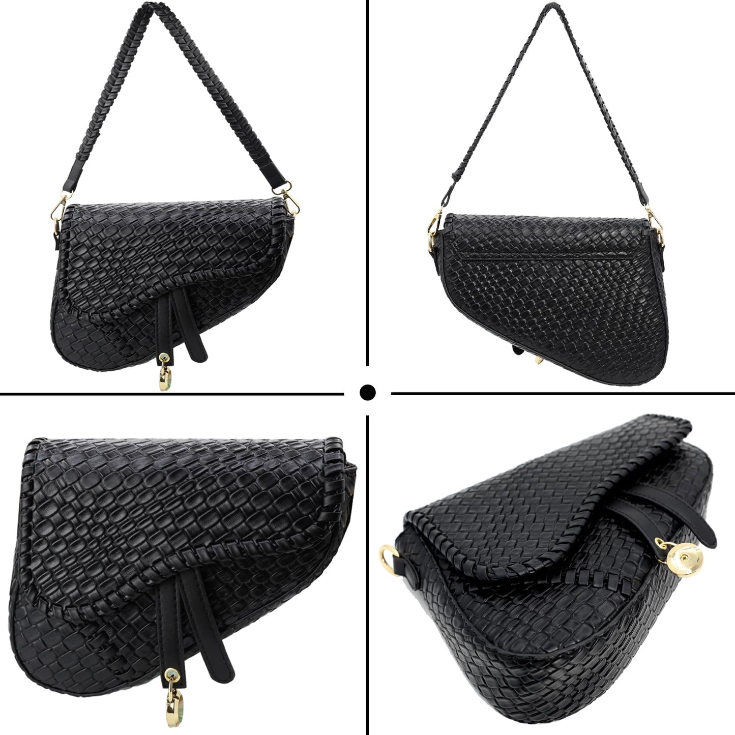ERWUBA fashion women saddle shoulder bag clutch purse small crossbody satchel handbag woven imitation crocodile leather bag (Black)