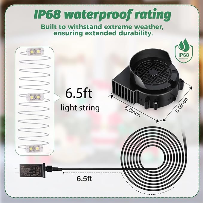 4-Pack Inflatable Fan Replacement, 1.0A Air Fan Blower with 1.25A Adapter and 3 LEDs Bulbs Light Strings for Halloween, Thanksgiving and Christmas Inflatables (IP68 Waterproof, 5.0 * 5.0'')