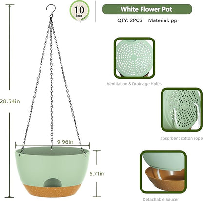10 Inch Hanging Baskets 2 PC with Chains, Self-Watering Hanging Planters for Indoor Outdoor Plants, Plastic Hanging Flower Pots,Green Brown