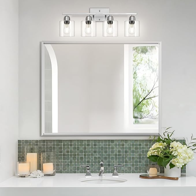 Modern Brushed Nickel 4 Light Bathroom Light Fixtures, 24 inch Vanity Lights for Bathroom with Clear Glass for Mirror Kitchen Living Room Hallway Cabinet Porch