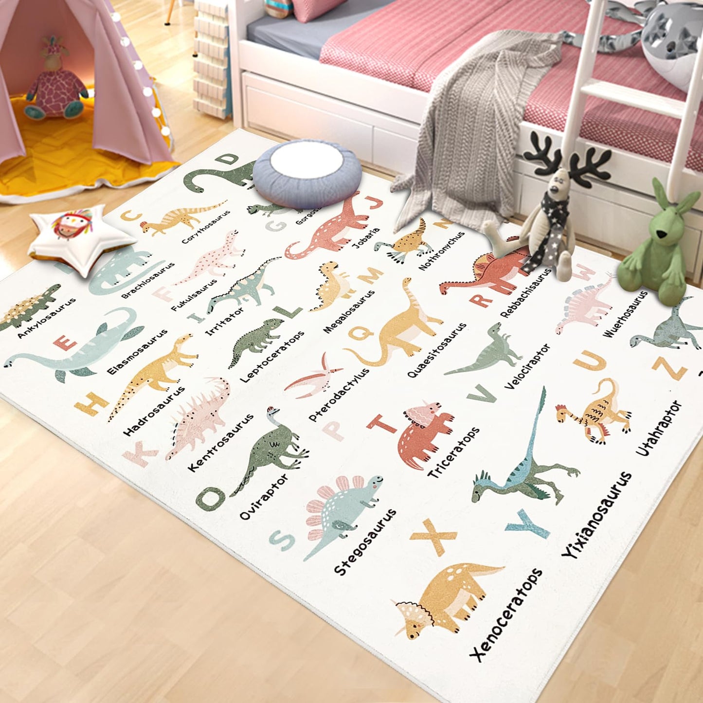 Abeigoi Dinosaur Area Rug - 4x6Ft Large, Soft, Washable, Non-Slip, ABC Animal Alphabet Playroom Carpet Mat for Kids, Bedroom, Nursery, Educational Decor