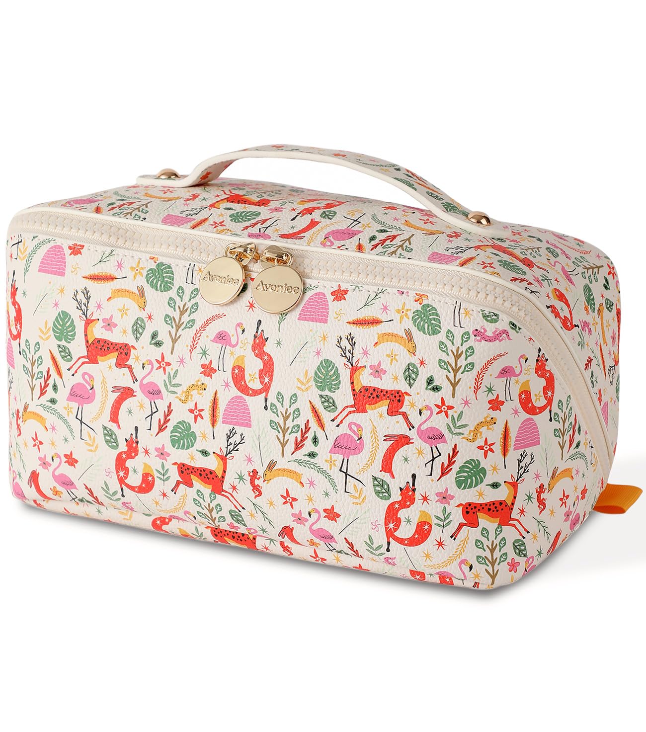 Aveniee Travel Makeup Bag for Women, Large Cosmetic Organizer with Open-Flat Design, Clear Divider & Handle - Waterproof PU Leather Toiletry Pouch