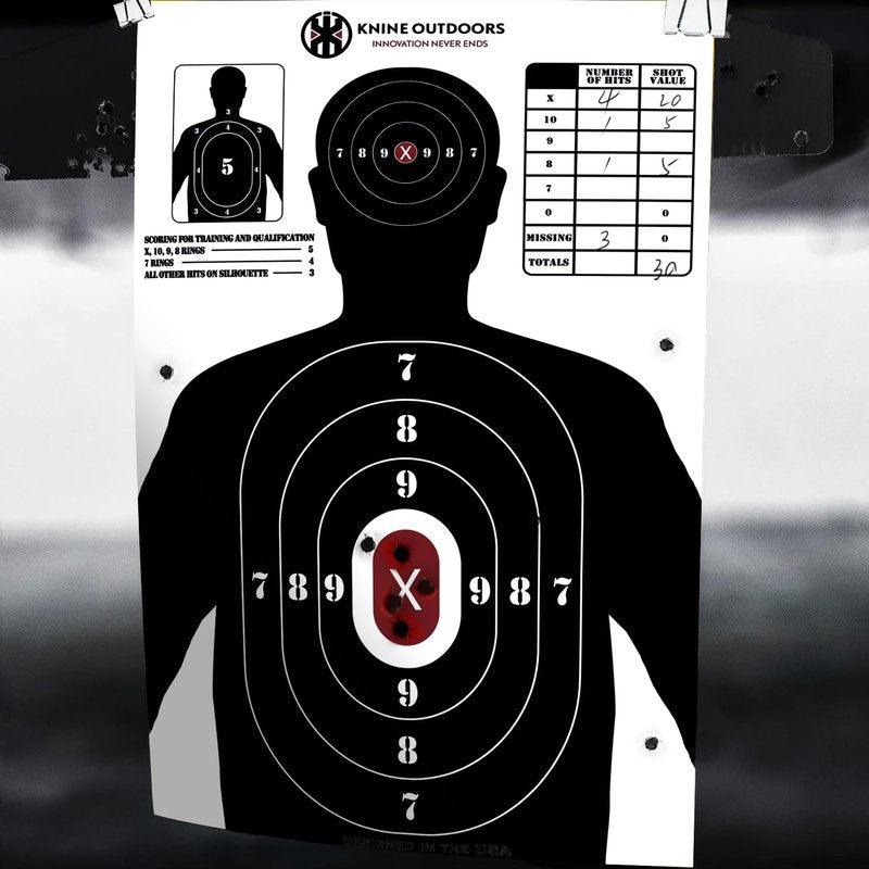 KNINE OUTDOORS Shooting Targets Paper, 23 x35 inch, Bulk for Hunting, Handguns, Pistols, Rifles, Silhouette with Red Bullseye, Black Design (25 Pack)