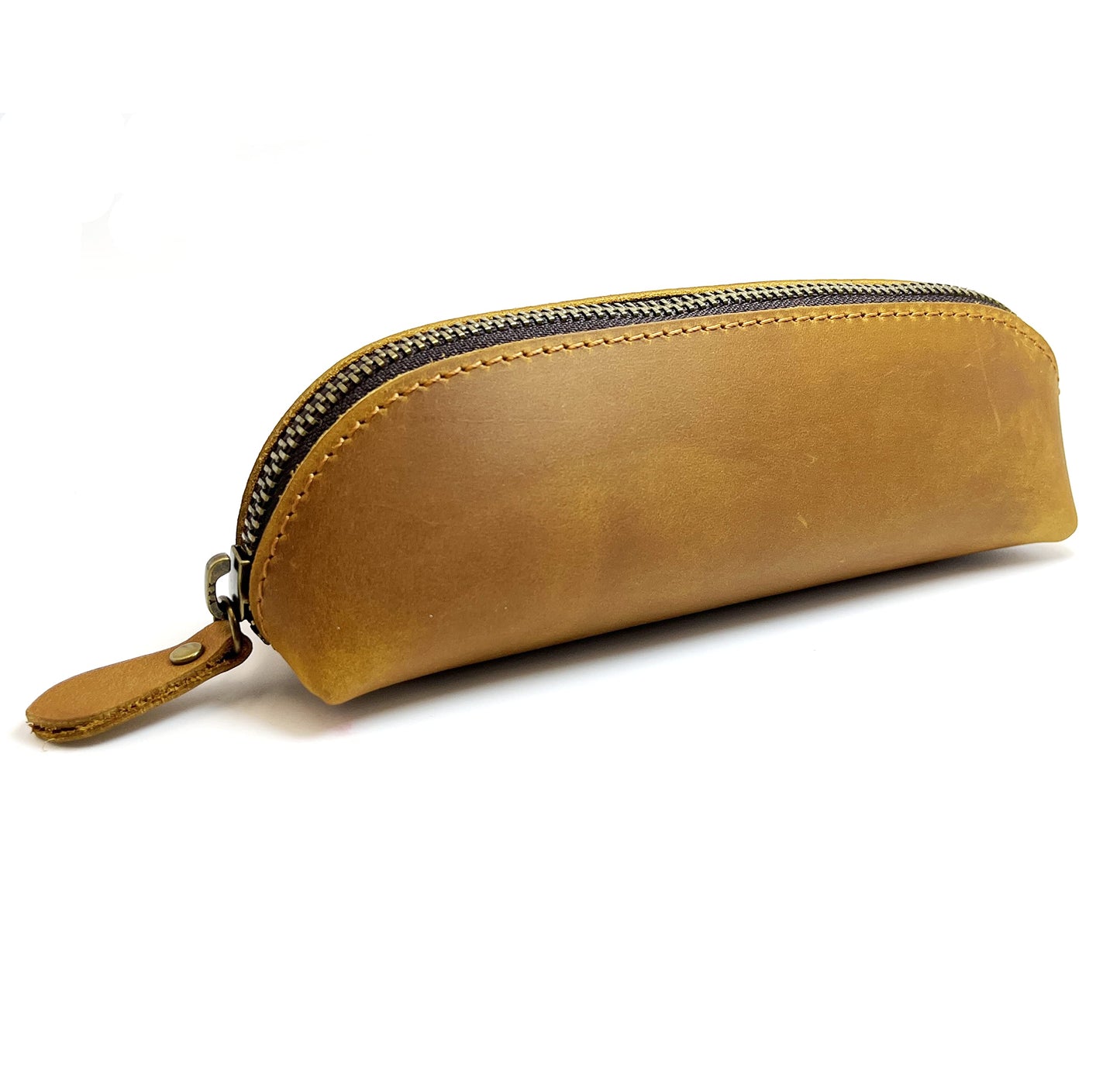 Craoopii Leather Pen Case Pencil Bag Pouch With Zipper Pen Holders Handmade Genuine Leather For Men Women Businessmen And Artists Home Work Office (Brownish yellow)