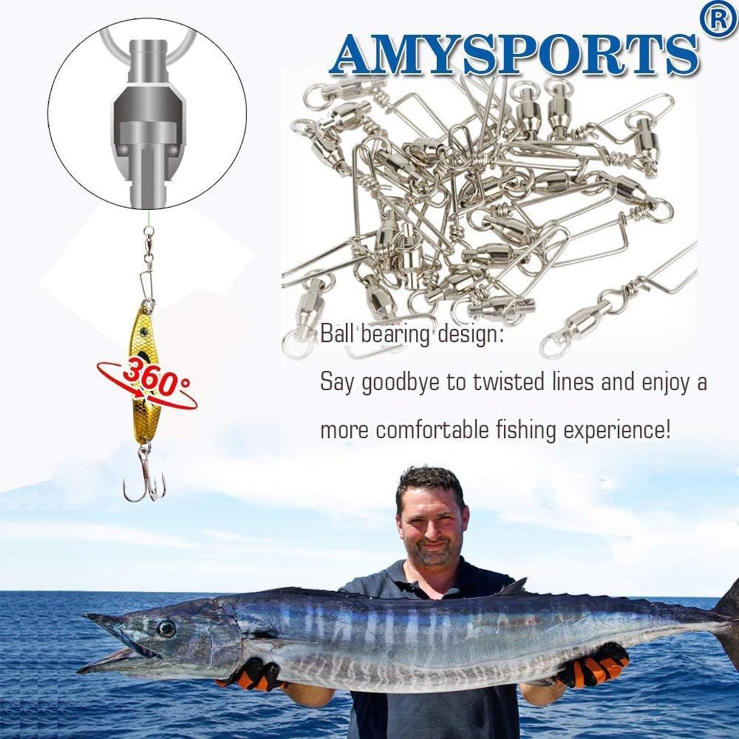 AMYSPORTS High Strength Stainless Fishing Swivels - Ball Bearing Saltwater Corrosion Resistance Barrel Swivels, 50pcs, 220lbs