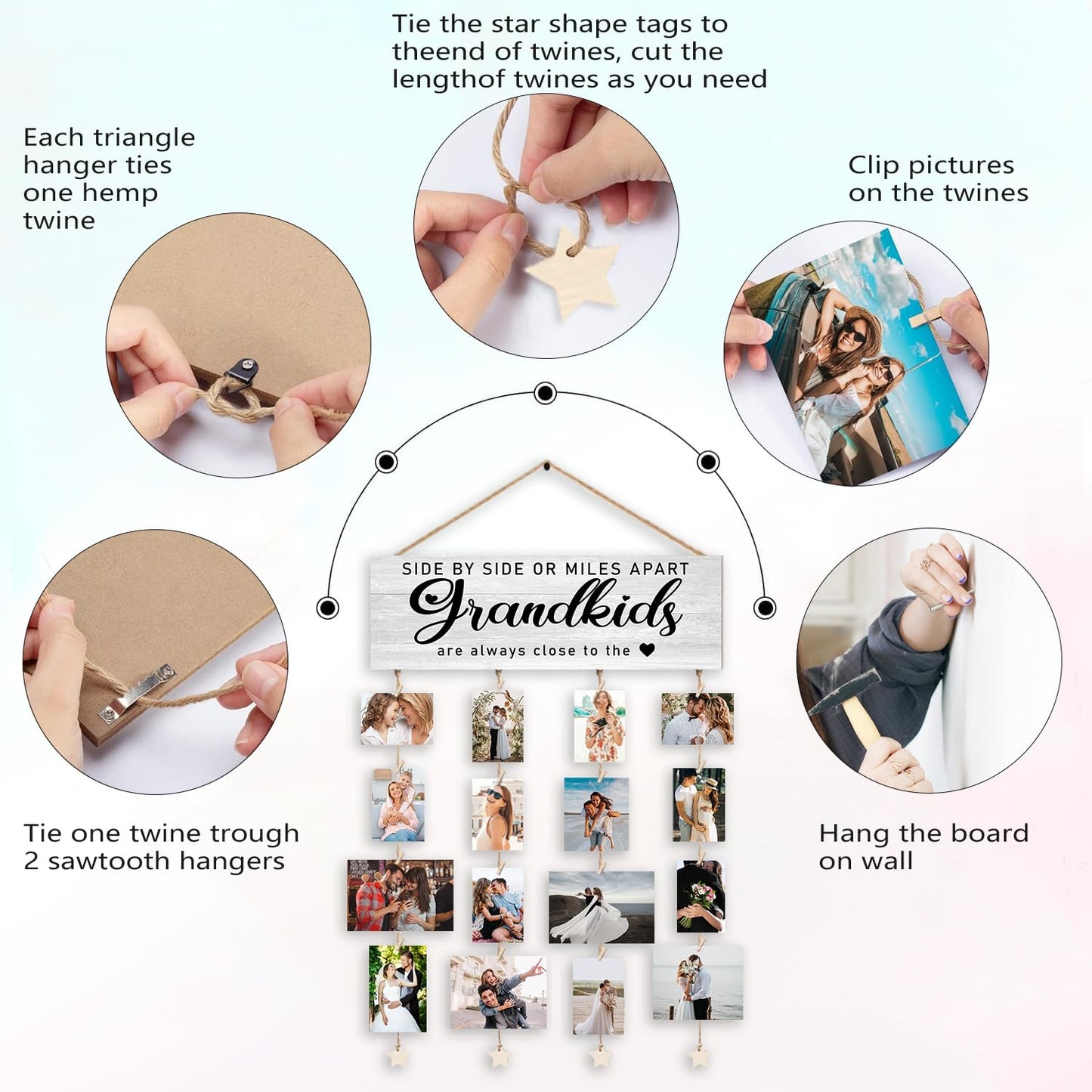 Orchroma Grandma Gifts,Grandkids Picture Frames Collage Wall Decor,Grandchildren Photo Board,Hanging Photo Display with Clips,Side by Side or Miles Apart Grandkids,Home Living Room Bedroom Decor