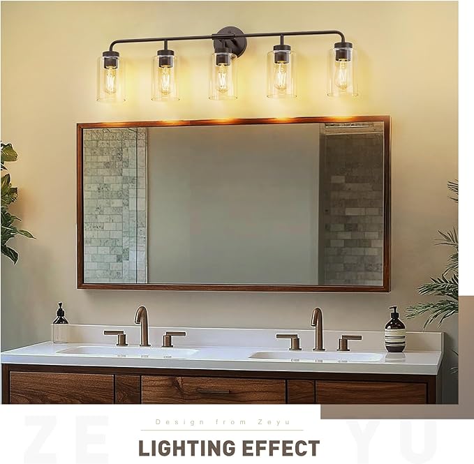 zeyu 36.9 Inch Bathroom Wall Light Fixtures, 5-Light Bathroom Vanity Light with Clear Glass Shade, Oil Rubbed Bronze Finish, ZS62B-5W ORB