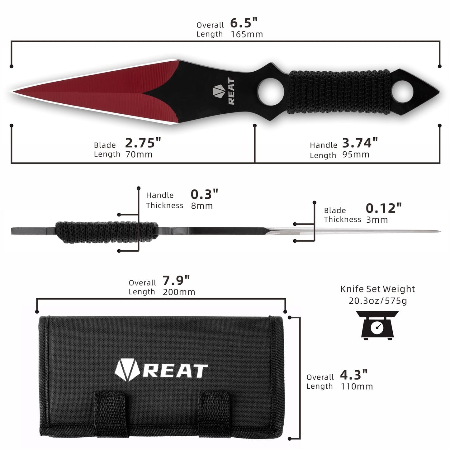 REAT Throwing Knives - 12 Piece, 6.5" 440 Stainless Steel with Cord-Wrapped Handle, Includes Nylon Carrying Case for Safe Storage,Ninja Kunai Knives for Competition,Recreation,Gifts for Men,Women (Red)