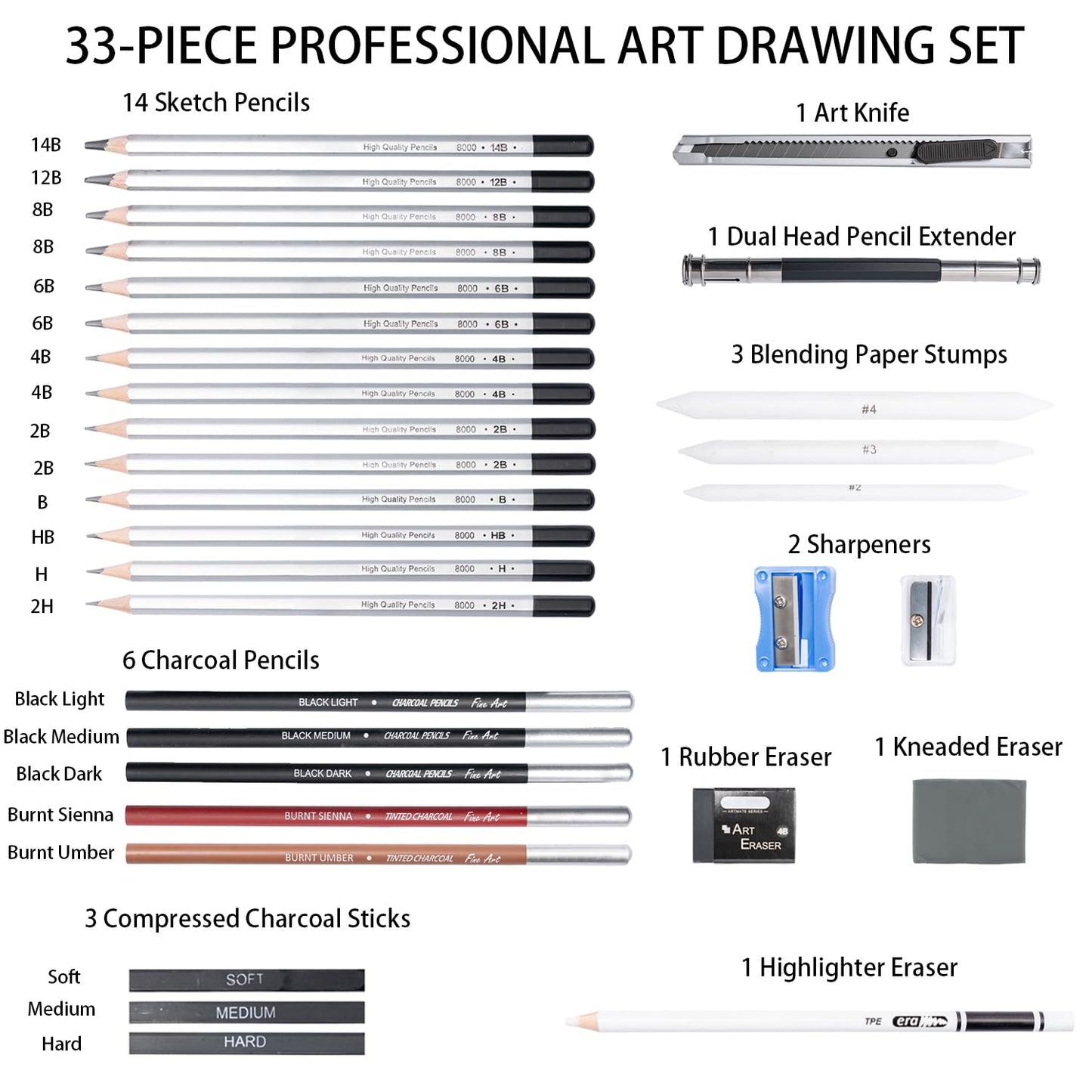 Ouksma Drawing Sketching Pencil Set, 33 PCS Graphite and Charcoal Pencils with Blending Stumps, Erasers, Art Knife & Pencil Extender in Metal Box, Artist Sketching Supplies for Drawing & Shading