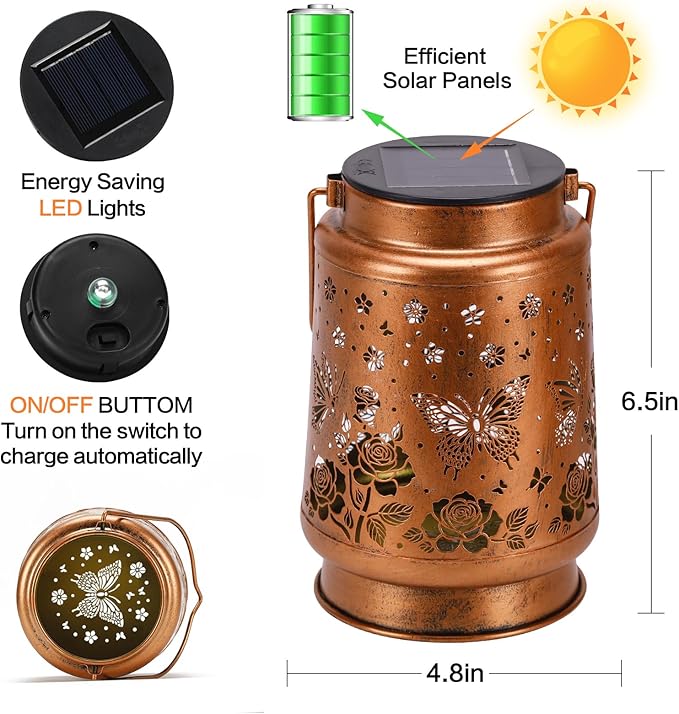 Butterfly Solar Lanterns Outdoor Waterproof Rose Garden Decor Gifts for Women Mom Grandma Hanging Solar Lights Metal Solar Decoration Outside for Yard,Patio,Backyard,Porch