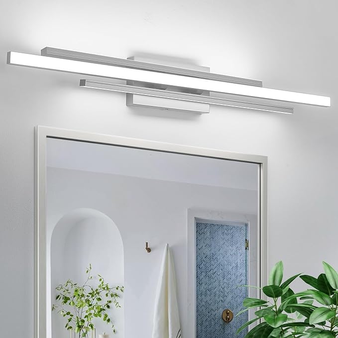 35 Inches Nickel LED Modern Bathroom Vanity Light Fixtures 25W Dimmable 5CCT Vanity Light Bar Over Mirror 3-Light Wall Light for Bathroom Over Mirror Picture Light