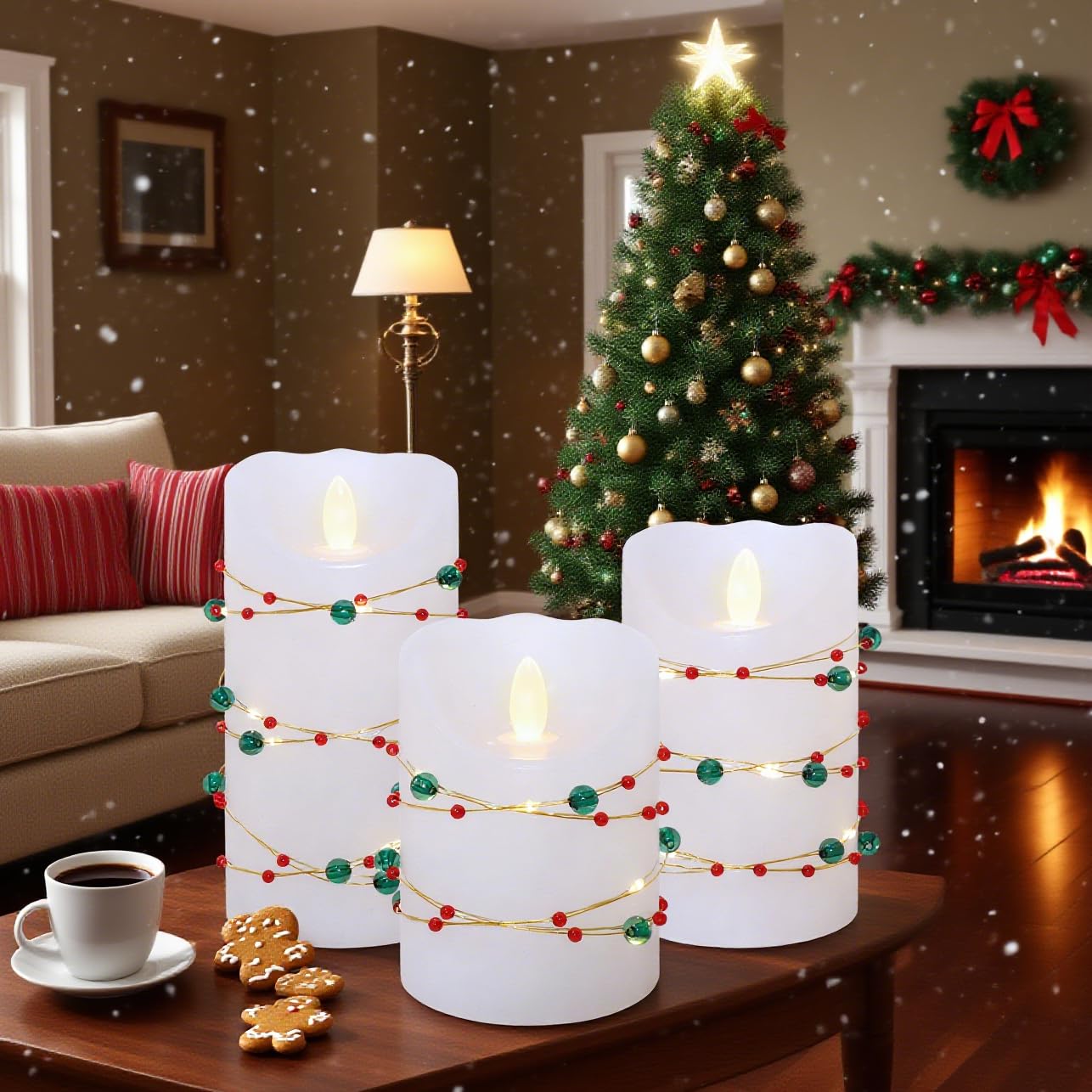 Flameless Candles with Red Green Beads String Lights - Real Wax Christmas Decor Battery Operated Candles with Remote & Timer- Home Party Bedroom Holiday Valentine's Day Decorations - Set of 3