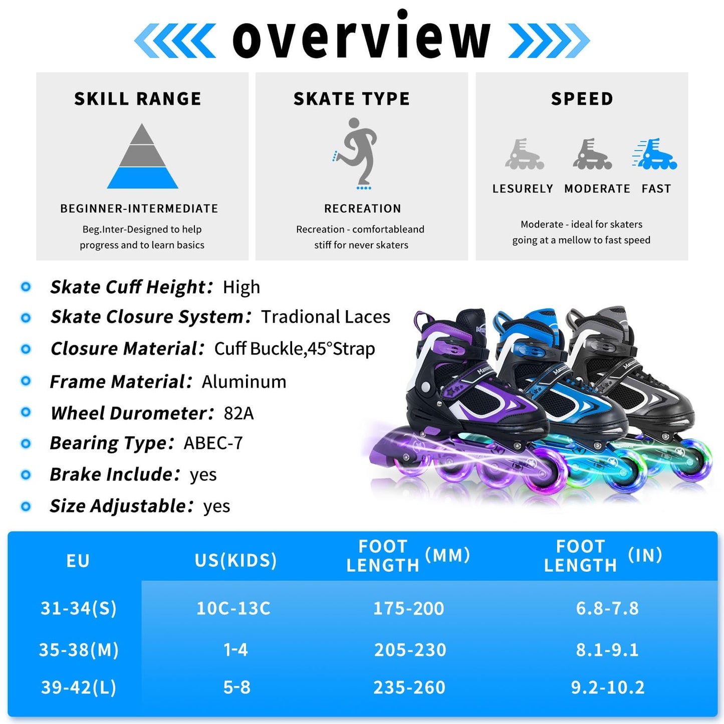 MammyGol Adjustable Inline Skates for Boys Girls Kids Youth with Light up Wheels, Teal Beginner Blades Roller Skates for Boys Size 10 11 12 13 Ages 6-12