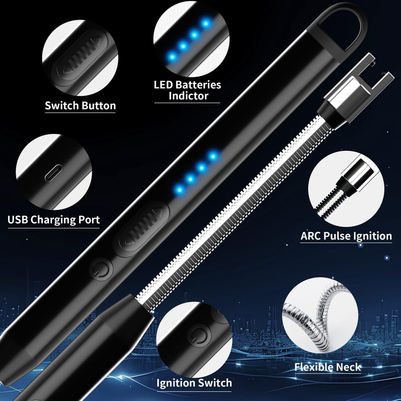 NorOasis 2-Pack Rechargeable Electric Candle Lighters, Flameless Windproof Long Lighter with 360° Flexible Neck and LED Display for Candles, Camping, BBQ & Fireplace (Black)