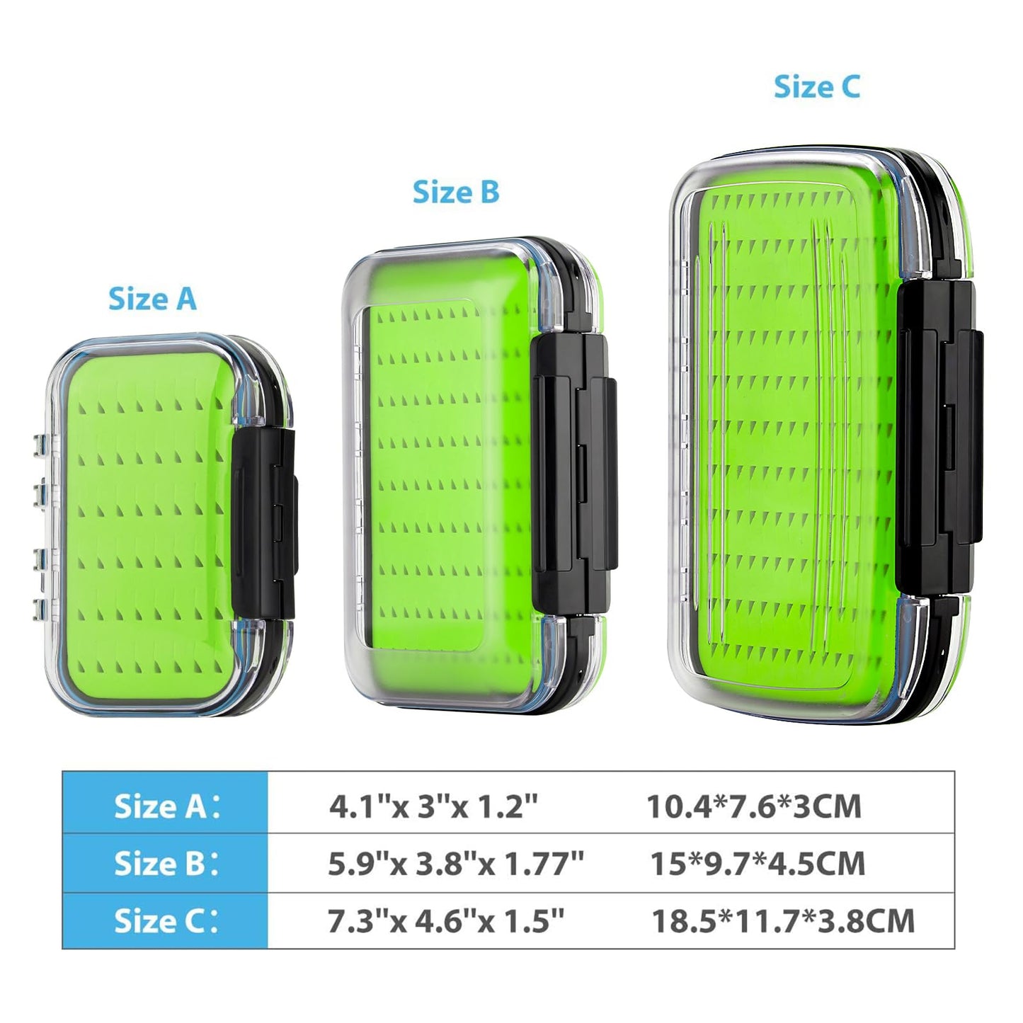 Gonex Fly Boxes for Fly Fishing Jig Boxes Two-Sided Waterproof Lightweight Fly Fishing Box Easy Grip Transparent Lid Fly Fishing Lures Box Sizes A+B+C, Green