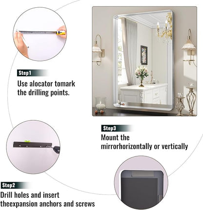 Silver Bathroom Mirror for Wall, 30x22 Inch Rectangular Aluminum Alloy Framed Mirror, Modern Wall Mounted Vanity Mirror for Bathroom, Vertical or Horizontal