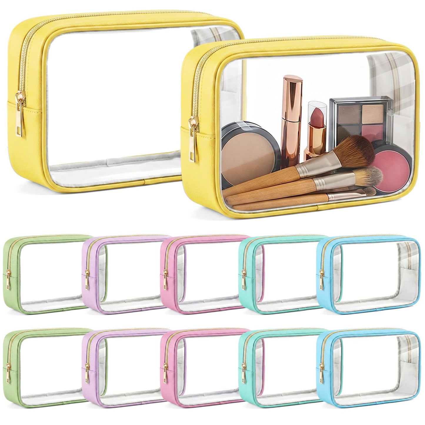 Abbylike 12 Pcs Clear Makeup Bags Bulk PU Leather Portable Travel Cosmetic Case Small Toiletry Bag with Zipper Car Console Organizer Waterproof Pouch for Women Birthday Gifts (Macaron Colors)