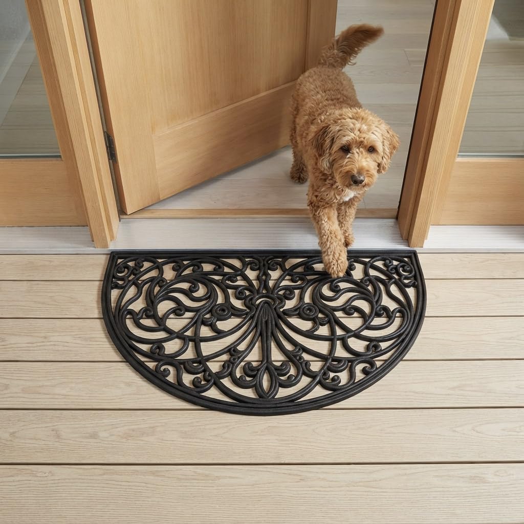 Kempf Rubber Scroll Doormat Half Moon Mat, Indoor Outdoor Entrance Mat, Low Clearance, Functional and Easy to Clean, Wrought Iron Scroll Design