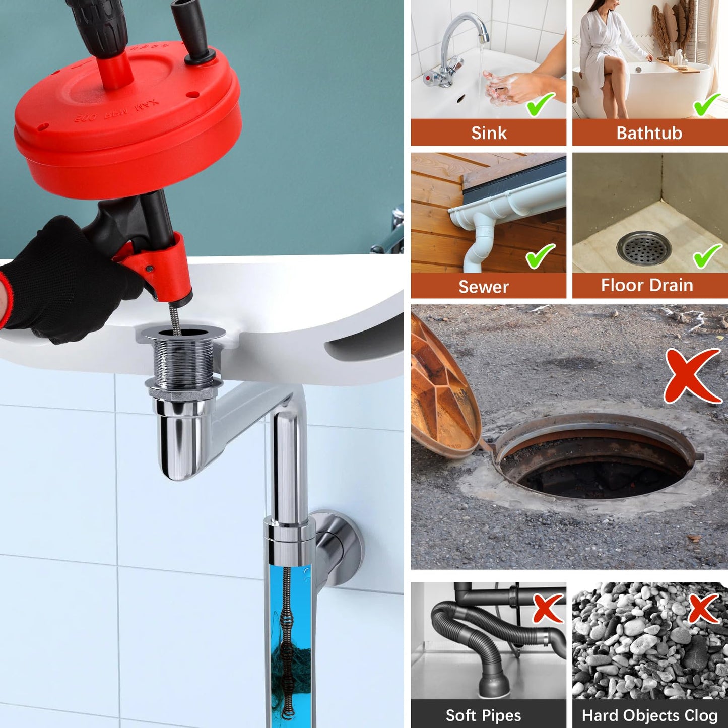 35 FT Double Mode Drain Snake Tools, 11-in-1 Drain Auger for Sink and Drain Unblocking, Plumbing Snake for Kitchen, Bathrom and Shower Sink, Snake for Real DYIs (Red)