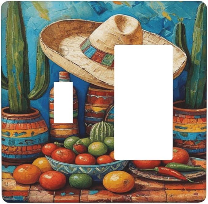Decorative Art Light Switch Covers Mexican Sombrero & Serape Vibes 2 Gang Single Toggle Rocker Combination Electrical Faceplate Switchplate Wall Plate for Home Decor