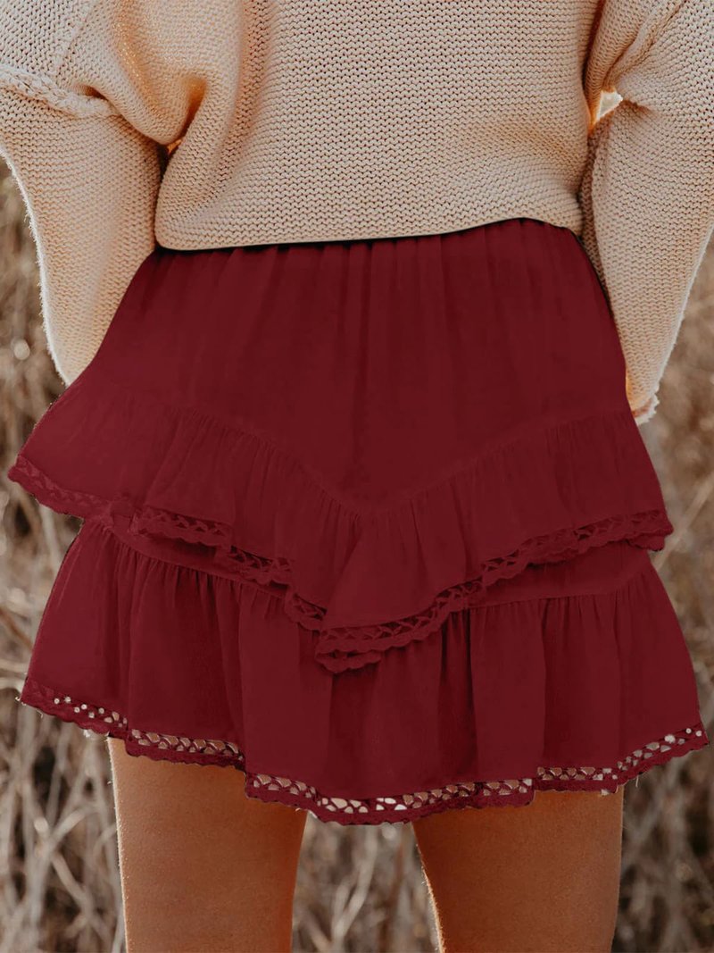 Aoudery Flowy Shorts for Women Casual Boho Ruffle Tiered Skorts High Waist Mini Skirts Golf Tennis Butterfly Crochet Shorts - Red 2XL