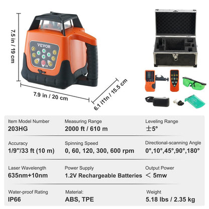 VEVOR Rotary Laser Level 2000ft,360 Degree Self Leveling Green Cross Line Laser,5 Rotation Speeds&4 Scanning Angles Adjustment,IP66 Waterproof Remote Control Manual Self-leveling Mode,Battery Included