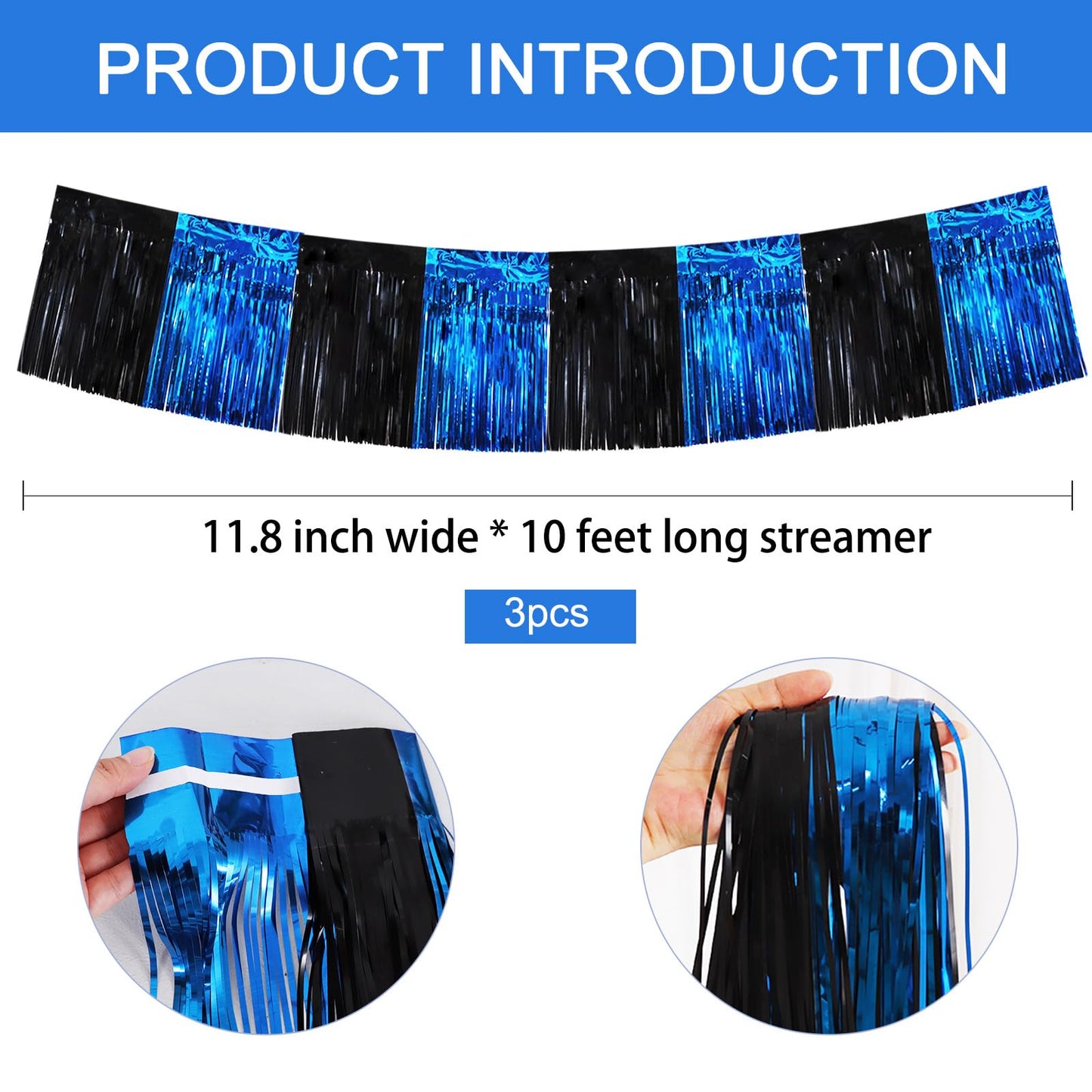 BEISHIDA 3 Packs Metallic Foil Fringe Garland Black Blue Wall Hanging Tinsel Fringe Banners for Car Floats Bridal Shower Wedding Birthday Easter Graduation Holiday Party Decoration(30 Feet)
