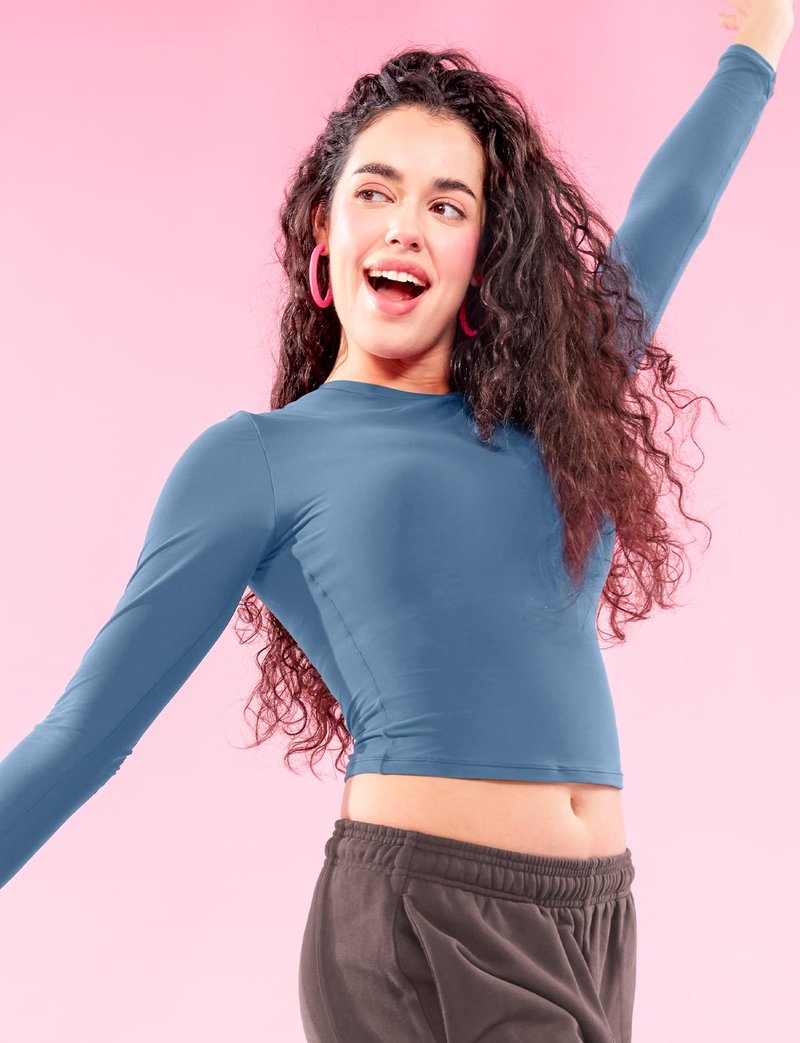 YEOREO Long Sleeve Shirts for Women y2k Tops Double Lined Basic Tee Crew Neck Going Out Sweeney Workout Undershirt Haze Blue M