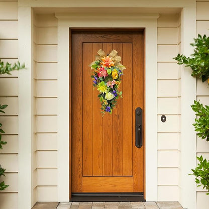 Spring Summer Floral Teardrop Swags Lighted Mixed Flower Teardrop Wreath with Dahlia Pinnata Peonies Rose Burlap Bow and Eucalyptus Leaves Floral Arrangement for Door Wall Mantel Window